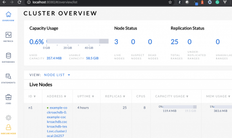 CockroachDB web page showing cluster overview