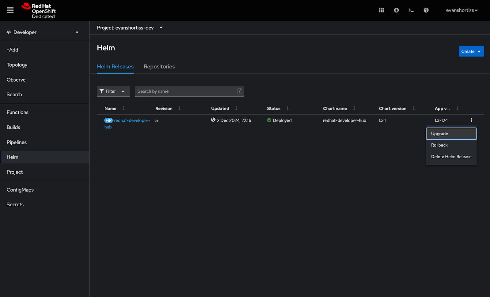 An administrator using the OpenShift Console to upgrade the Red Hat Developer Hub Helm Chart with new parameters.