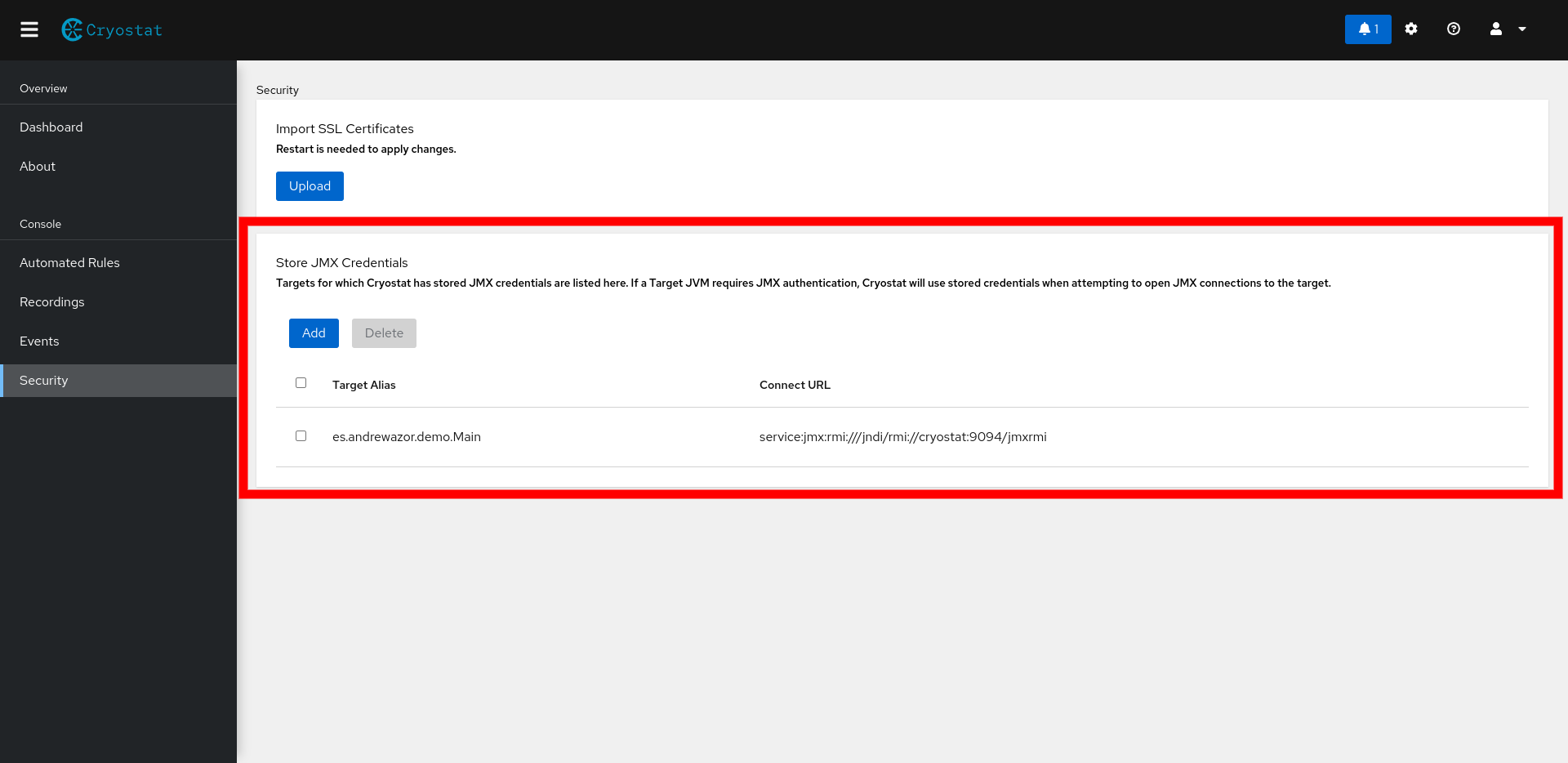 The stored credentials table shows the target alias and connect url for the target JVM.